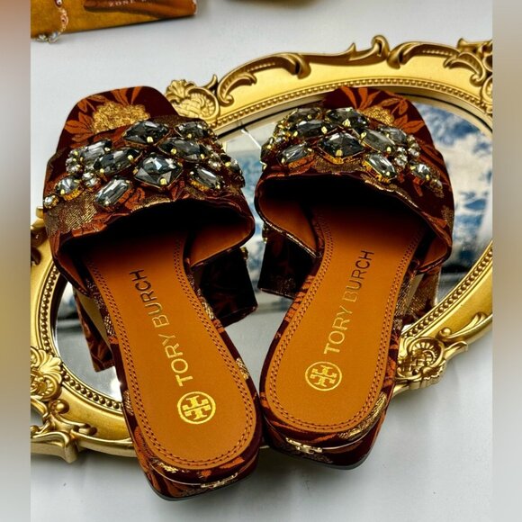 🆕 TORY BURCH 🧿 NWOT Martine 25mm Slide, Burgundy & Gold Jacquard, Sz 7.5 - Picture 8 of 16